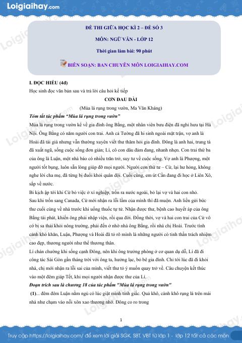 Đề thi giữa kì 2 Văn 12 - Đề số 3